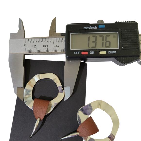 Modern Hammered Silver Tone & Brown Leather Drop Earrings Statement Boho Chic - Picture 9 of 9